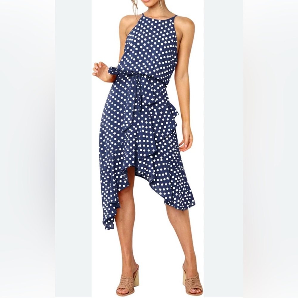 Stellah Asymmetrical Navy Polka Dot Dress